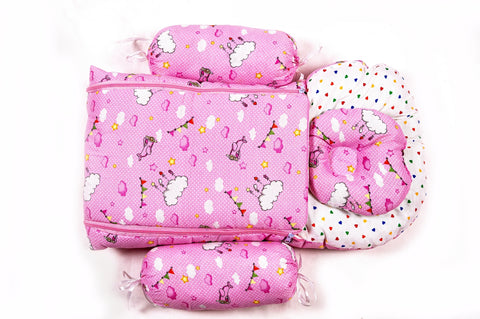 Soft padded pink baby sleeping bag carry nest unzipped flat in cloud print pattern