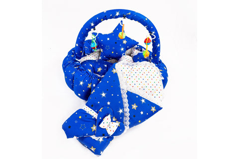 10 Piece Baby Snuggle Bed Set with Net & Toys - Dark Blue Star