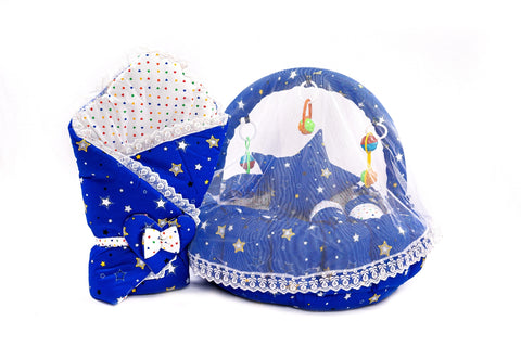 Soft baby snuggle bed with protective net and hanging rattle toys in dark blue star print