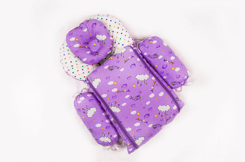Soft padded purple baby sleeping bag carry nest unzipped flat in cloud print pattern