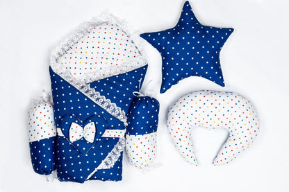 10 Pcs Round Flower Baby Bedding Set - Polka Dot - Navy Blue
