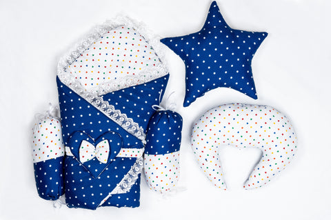10 Piece Baby Snuggle Bed Set with Net & Toys - Dark Blue Dots