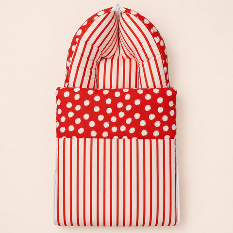 Baby carry nest sleeping bag zipped hood in red stripe and polka dot print