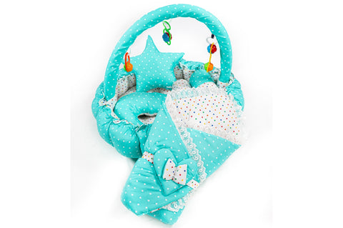 10 Piece Baby Snuggle Bed Set with Net & Toys - Green Dots