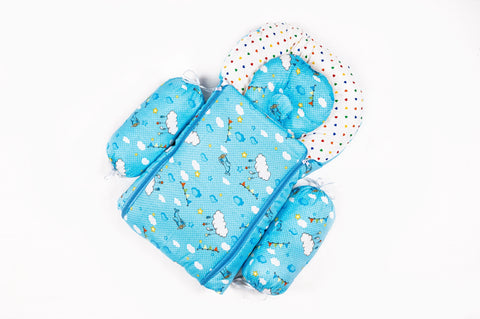 Soft padded blue baby sleeping bag carry nest unzipped flat in cloud print pattern
