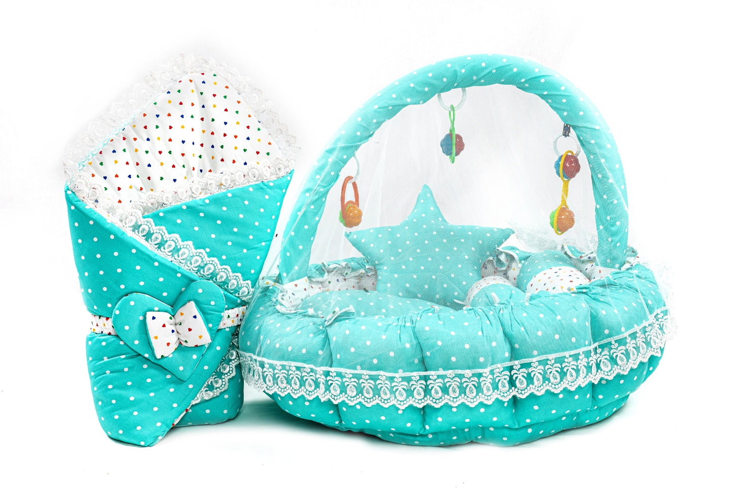 10 Pcs Round Flower Baby Bedding Set - Polka Dot - Green