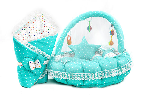 Green polka dot print carry nest moon pillow star pillow bolsters and rattle toys set