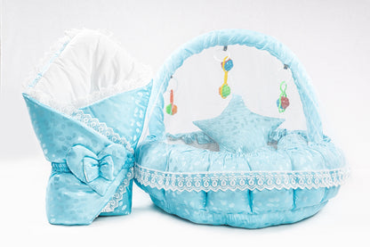 10 Pcs Round Flower Baby Bedding Set - Blue