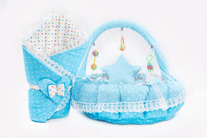 10 Pcs Round Flower Baby Bedding Set - Polka Dot - Blue