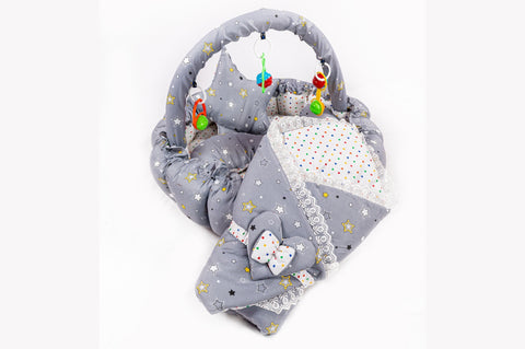 10 Piece Baby Snuggle Bed Set with Net & Toys - Grey Star