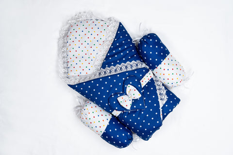 10 Piece Baby Snuggle Bed Set with Net & Toys - Dark Blue Dots