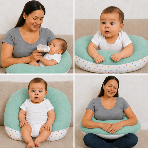 Mother using self print green nursing pillow for comfortable breastfeeding