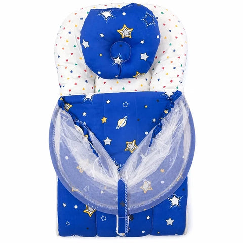 Matching baby head support pillow in dark blue star print fabric