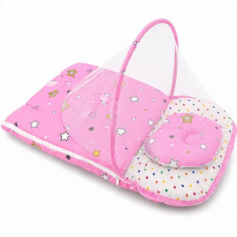 Zip up mosquito mesh net on pink star print baby carry nest