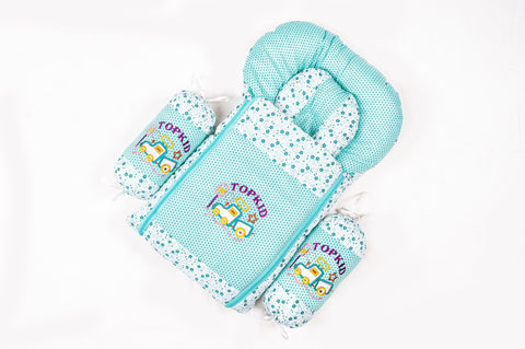 Soft padded green baby sleeping bag carry nest with Topkid truck embroidery and floral print
