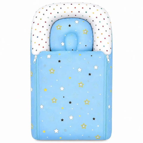 Cushioned sky blue baby carry nest with matching star print contoured pillow