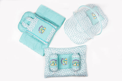 8 piece Topkid embroidered green baby bedding set with mattress sleeping bag mosquito net bed and pillows