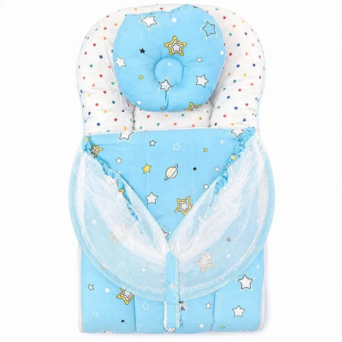 Matching baby head support pillow in sky blue star print fabric