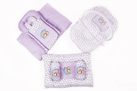 8 piece Topkid embroidered purple baby bedding set with mattress sleeping bag mosquito net bed and pillows