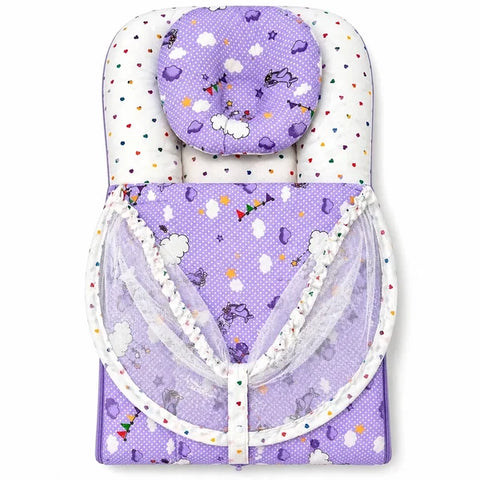 Matching baby head support pillow in purple cloud print fabric
