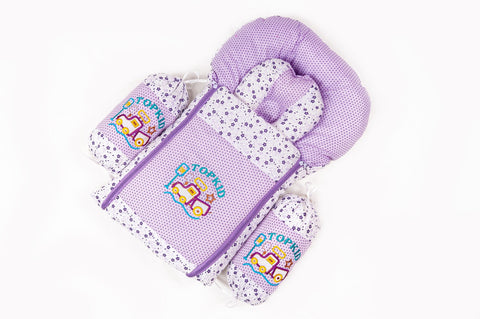 Soft padded purple baby sleeping bag carry nest with Topkid truck embroidery and floral print