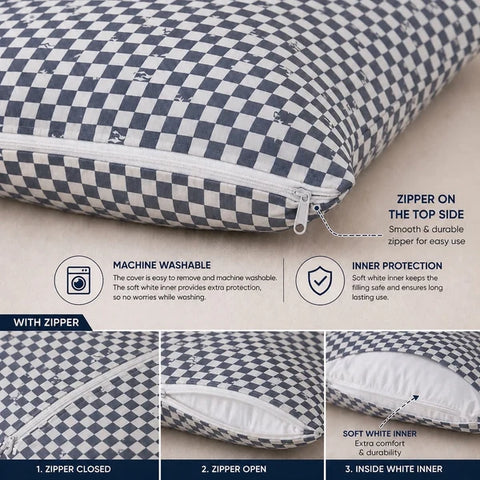 Close up of removable zipper cover and inner cotton lining on black white check pregnancy pillow