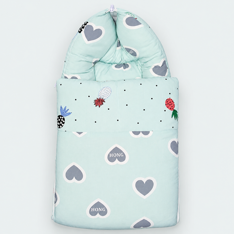 Baby carry nest sleeping bag zipped hood in mint green grey heart and fruit print