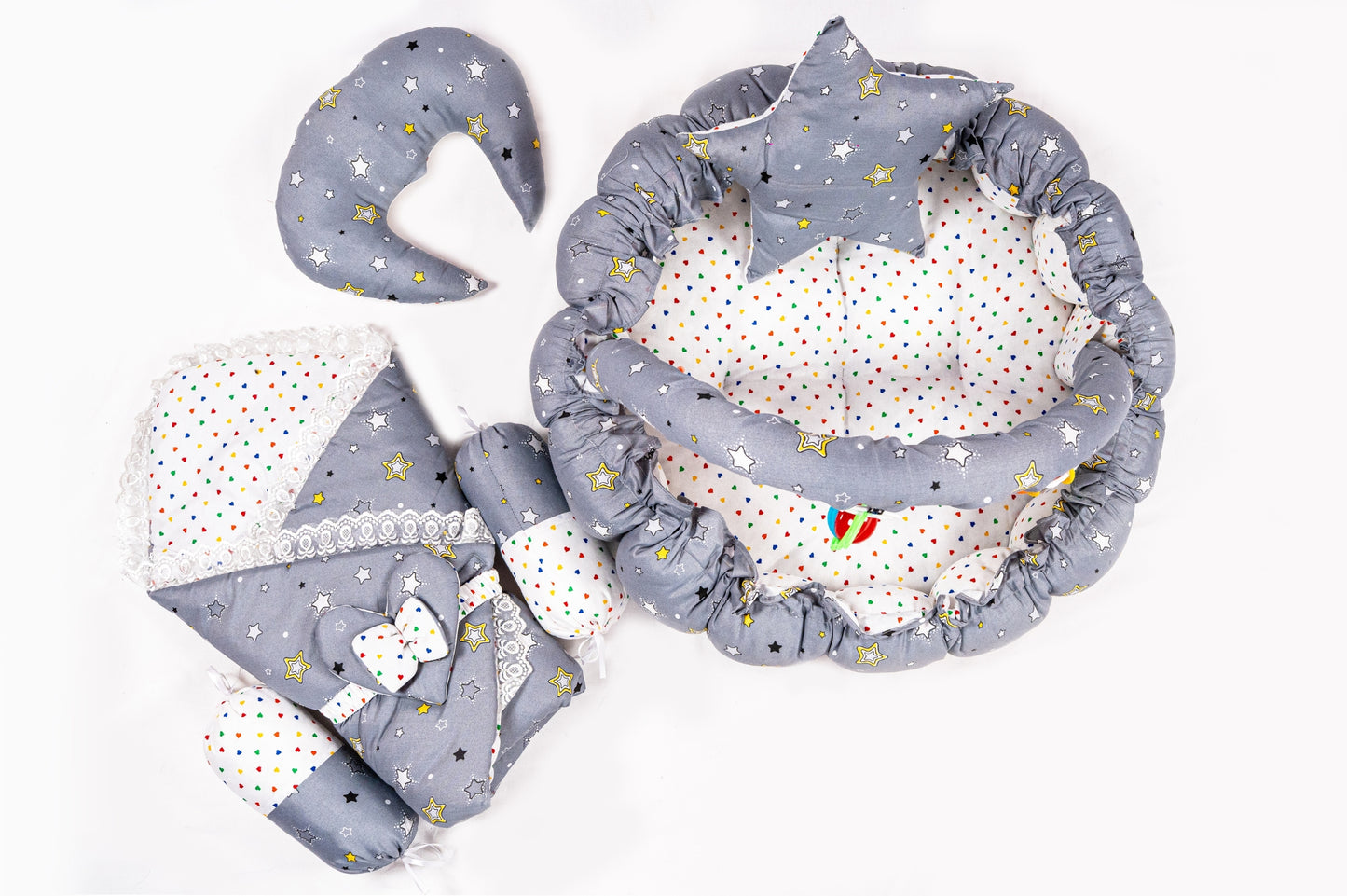 10 Pcs Round Flower Baby Bedding Set - Star - Grey