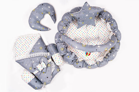 Grey star print carry nest moon pillow star pillow bolsters and rattle toys set