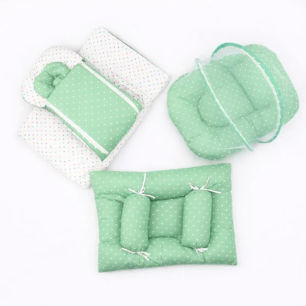 8-Piece Baby Carry Nest Set with Mosquito Net – Polka Dot - Green
