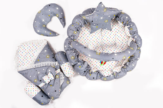 10 Pcs Round Flower Baby Bedding Set - Star - Grey