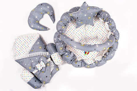 Complete 10 piece baby snuggle bed set with mosquito net in grey star print