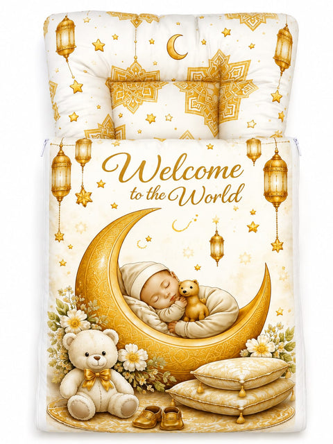 Soft cushioned baby carry nest laid flat unzipped in golden crescent moon and teddy bear print