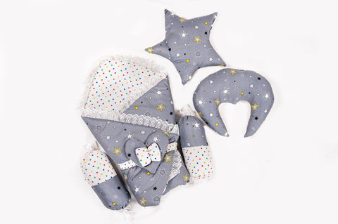 10 Piece Baby Snuggle Bed Set with Net & Toys - Grey Star