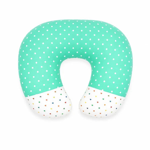 Ergonomic 22 by 28 inch feeding and nursing pillow in green polka dot print