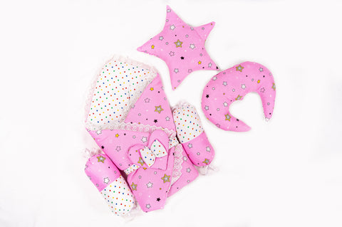 10 Piece Baby Snuggle Bed Set with Net & Toys - Pink Star