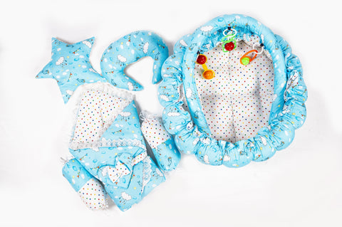 Complete 10 piece baby snuggle bed set with mosquito net in sky blue cloud print