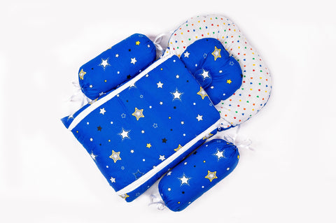 Soft padded dark blue baby sleeping bag carry nest unzipped flat in star print pattern