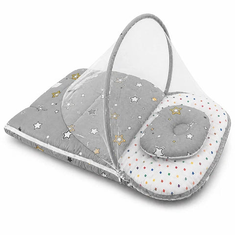 Zip up mosquito mesh net on grey star print baby nest