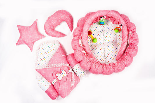 10 Pcs Round Flower Baby Bedding Set - Self - Pink