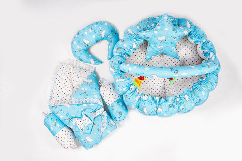 Sky blue cloud print carry nest moon pillow star pillow bolsters and rattle toys set