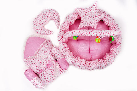 Pink flower print carry nest moon pillow star pillow bolsters and rattle toys set