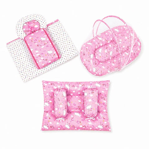 8 piece cloud print pink baby bedding set with mattress sleeping bag mosquito net bed and pillows