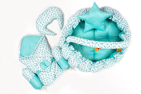 Green flower print carry nest moon pillow star pillow bolsters and rattle toys set