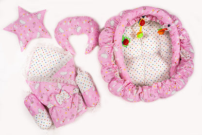 10 Pcs Round Flower Baby Bedding Set - Cloud - Pink