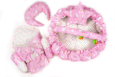 Pink cloud print carry nest moon pillow star pillow bolsters and rattle toys set