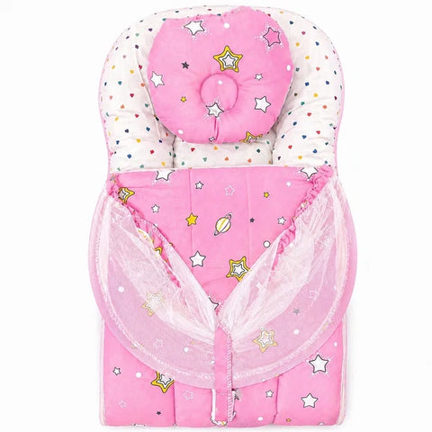 Matching baby head support pillow in pink star print fabric
