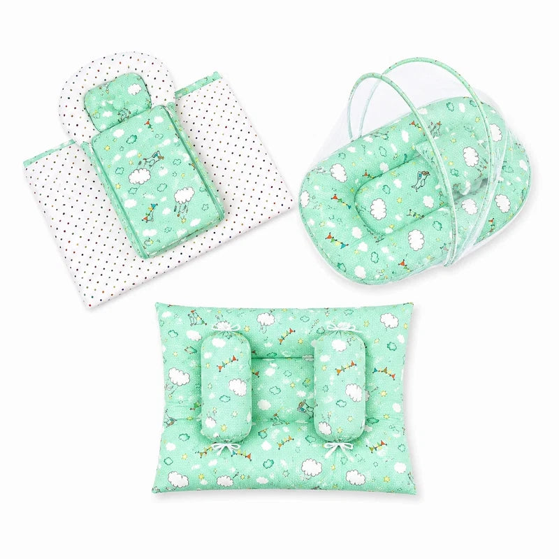8-Piece Baby Bedding Set with Mosquito Net & Blanket – Cloud Pattern (Green)