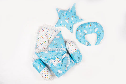 10 Piece Baby Snuggle Bed Set with Net & Toys - Sky Blue Cloud