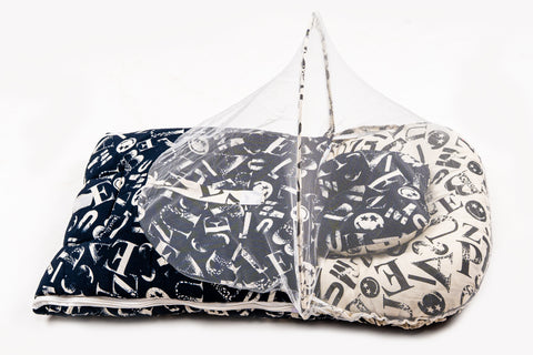 2pcs Baby Bedding Set with Mosquito Net – Black & White Alphabet Print